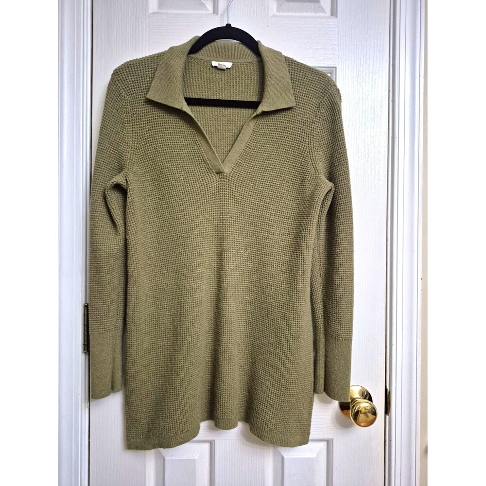 J. Jill Women’s Green Solid Waffle-Knit Collared Pullover Sweater Long Sleeve S